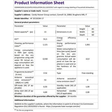 Hoover HF 3E53E0W-17 5 Programlı Beyaz Bulaşık Makinesi 4