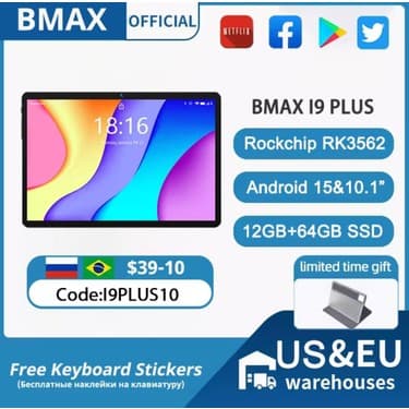Rosh Bmax Android 15 Maxpad I9 Plus 10.1 Inç 1280*800 IPS Hd Dokunmatik Ekran 12 GB (4 GB Ram + 8 GB Genişletme) 64 GB Rom Rockchip RK3562 Tablet 4