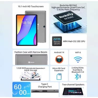 Rosh Bmax Android 15 Maxpad I9 Plus 10.1 Inç 1280*800 IPS Hd Dokunmatik Ekran 12 GB (4 GB Ram + 8 GB Genişletme) 64 GB Rom Rockchip RK3562 Tablet 6