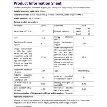 Hoover HF 3E53L0W-17 5 Programlı Wi-Fi Bağlantılı Bulaşık Makinesi 7