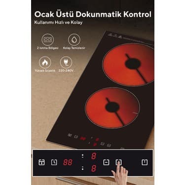 Kumtel Elektrikli Vitroseramik Siyah Cam Ikili Ankastre Ocak Hv3-02 2