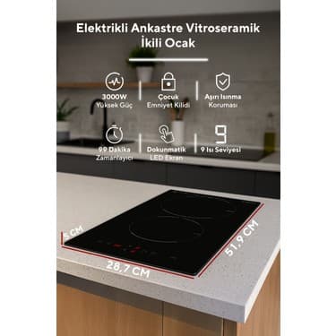 Kumtel Elektrikli Vitroseramik Siyah Cam Ikili Ankastre Ocak Hv3-02 5
