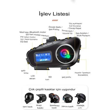 Değirmen Grup Q58-MAX Radyolu 2 Kişi Bağlantılı Bluetooth Kask Kulaklık Ekranlı Fenerli Müzik ve Telsiz Intercom ( Lisinya ) 2