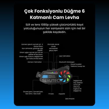 Seyutech SYBT-68 Kameralı Bluetoothl 5.4 Motosiklet Kask Kulaklık Intercom Rgb Işıklı Motorsiklet Interkom 5