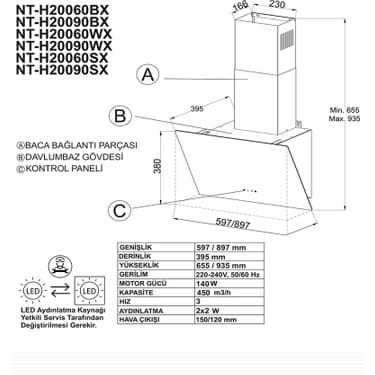 Narte -H20060W 60 cm Beyaz Cam Inox Çıtalı Eğimli Davlumbaz - 6 Yıl Garantili 5
