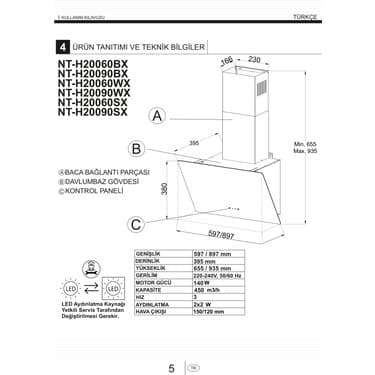 Narte -H20090BX 90 CM Siyah Cam Inox Çıtalı Eğimli Davlumbaz - 6 YIL GARANTİLİ 5