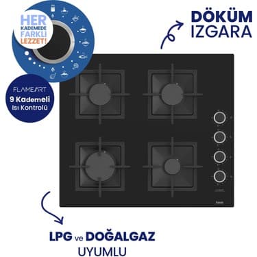 Ferre Flowart Turbolu Siyah Cam Silenart Ankastre Set ( Kaymaz Döküm Izgara ) QBL62CS - SC205 - D077SA 3