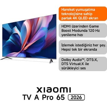 Xiaomi A Pro 65 2026 4K Ultra HD Google Smart Uydu Alıcılı QLED TV – Siyah, 165 Ekran, 60 Hz Yenileme, Android OS 2