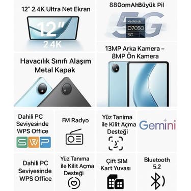 Doogee V Pad 5g 12" 8 GB Ram 256 GB SİM KARTLI Android 15 Tablet MAVİ 2