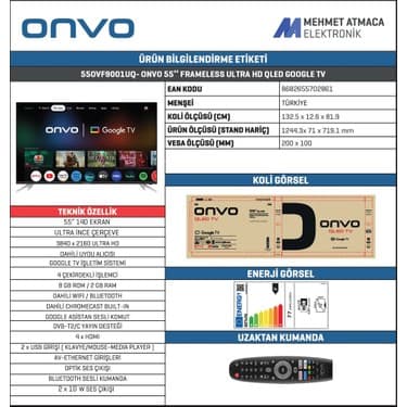 Onvo 55OVF9001UQ 55’’ 140 Ekran Uydu Alıcılı 4K Ultra Hd QLED Google Smart Tv 2
