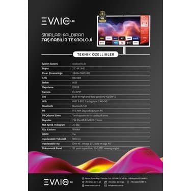 EVAİO Pro 4K 32" Android Smart Taşınabilir LED TV 8