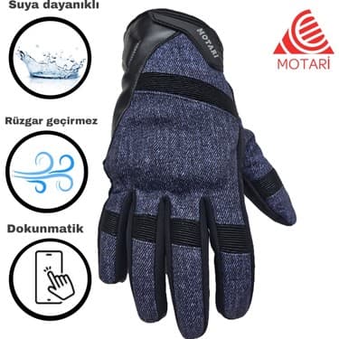 Motari Softshell Suya Dayanıklı Yumruk ve Avuç Içi Korumalı Denim Kışlık Motosiklet Eldiveni, Rüzgar Geçirmez 2