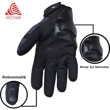Motari Softshell Suya Dayanıklı Yumruk ve Avuç Içi Korumalı Denim Kışlık Motosiklet Eldiveni, Rüzgar Geçirmez 3