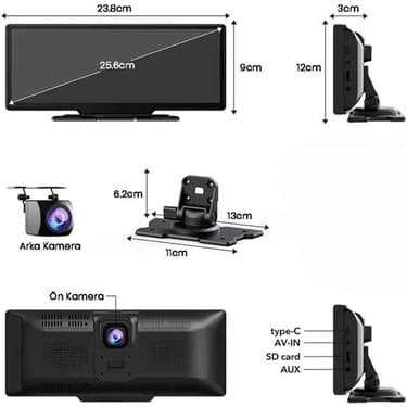 Android ve Ios Uyumlu Ön Arka Çift Kameralı Araç Ekranı Dokunmatik Carplay 4