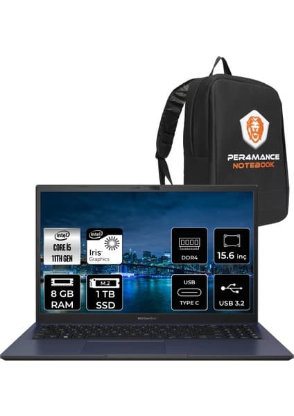 Asus Expertbook Intel Core I5 1135G7 8gb 1tb SSD 15.6'' Fhd Fdos Taşınabilir Bilgisayar B1500CEAE-BQ4167 & Per4 Çanta BQ4167P41