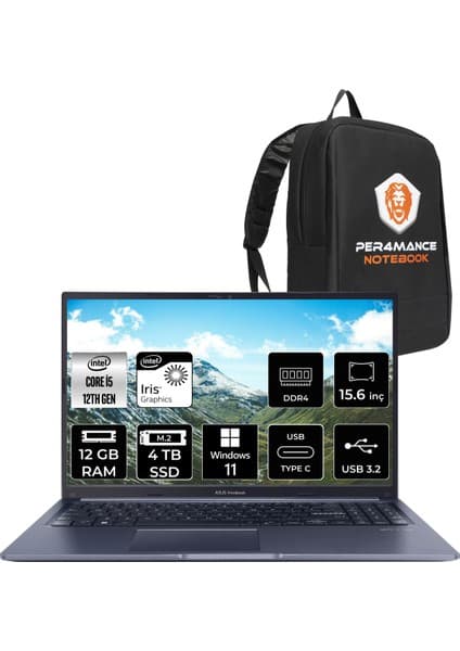 Asus Vivobook 15 Intel Core I5 1235U 12GB 4tb SSD 15.6'' Fhd W11H Taşınabilir Bilgisayar X1502ZA-EJ1069 & Per4 Çanta EJ1069P66