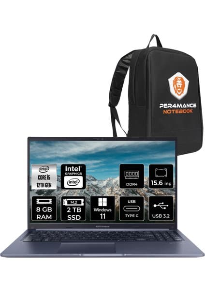 Asus Vivobook 15 Intel Core I5 1235U 8gb 2tb SSD 15.6'' Fhd W11H Taşınabilir Bilgisayar X1502ZA-EJ1644 & Per4 Çanta EJ1644P67