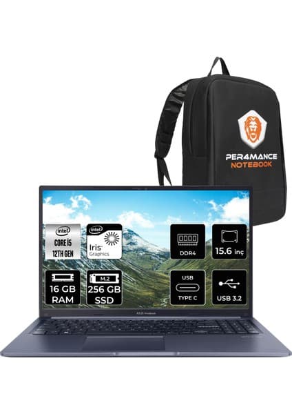 Asus Vivobook 15 Intel Core I5 1235U 16GB 256GB SSD 15.6'' Fhd Fdos Taşınabilir Bilgisayar X1502ZA-EJ1069 & Per4 Çanta EJ1069P42