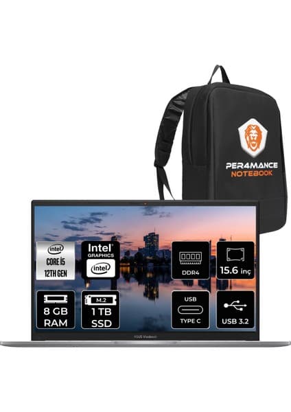 Asus Vivobook 15 Intel Core I5 1235U 8gb 1tb SSD 15.6'' Fhd Fdos Taşınabilir Bilgisayar X1504ZA-BQ451 & Per4 Çanta BQ451P21