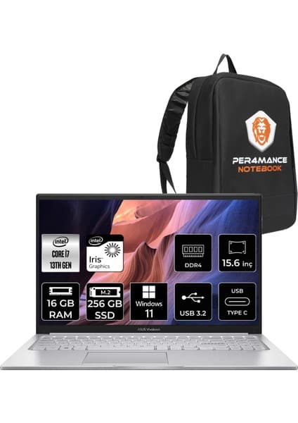 Asus Vivobook 15 Intel Core I7 1355U 16GB 256GB SSD 15.6' Fhd W11P Taşınabilir Bilgisayar X1504VA-NJ412 & Per4 Çanta NJ412P129