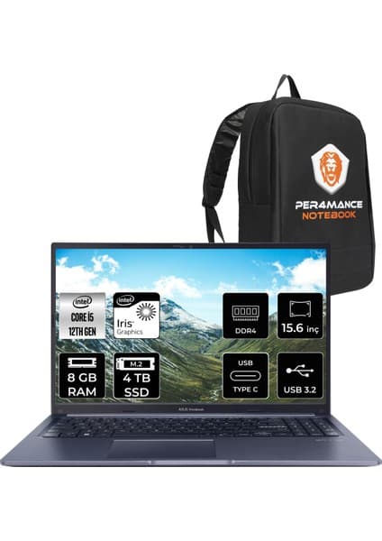 Asus Vivobook 15 Intel Core I5 1235U 8gb 4tb SSD 15.6'' Fhd Fdos Taşınabilir Bilgisayar X1502ZA-EJ1071 & Per4 Çanta EJ1071P42