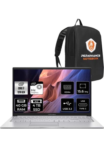Asus Vivobook 15 Intel Core I7 1355U 40GB 4tb SSD 15.6' Fhd Fdos Taşınabilir Bilgisayar X1504VA-NJ412 & Per4 Çanta NJ412P93