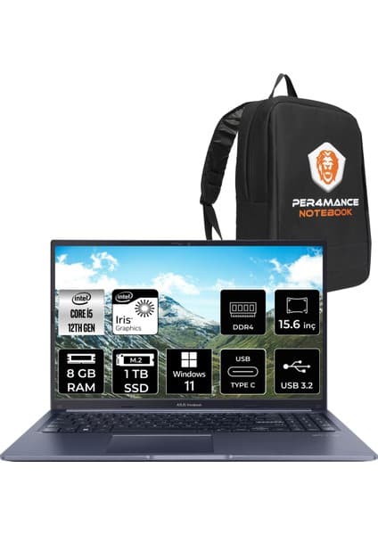 Asus Vivobook 15 Intel Core I5 1235U 8gb 1tb SSD 15.6'' Fhd Windows 11 Home Taşınabilir Bilgisayar X1502ZA-EJ1071 & Per4 Çanta EJ1071P65