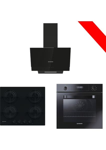 Hoover Siyah Cam Ankastre Set (HDG6C2GBTK Davlumbaz, HVW6MBB Ocak, HOT3051BI/E Fırın) 6