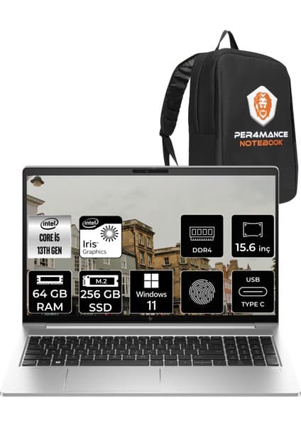 Hp Elitbook 650 G10 Intel Core I5 1335U 64GB 256GB SSD 15.6'' Fhd W11H Taşınabilir Bilgisayar 8A573EA & Per4 Çanta 8A573EAP396