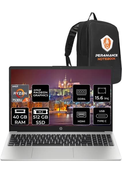 Hp 255 G10 Amd Ryzen 5 7530U 40GB 512GB SSD 15.6'' Fhd Fdos Taşınabilir Bilgisayar 8A547EA & Per4 Çanta 8A547EAP337