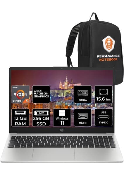 Hp 255 G10 Amd Ryzen 5 7530U 12GB 256GB SSD 15.6'' Fhd W11P Taşınabilir Bilgisayar 8A547EA & Per4 Çanta 8A547EAP406