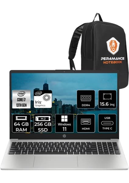 Hp 250 G10 Intel Core I7 1355U 64GB 256GB SSD 15.6'' Fhd W11H Taşınabilir Bilgisayar 8A541EA & Per4 Çanta 8A541EAP396