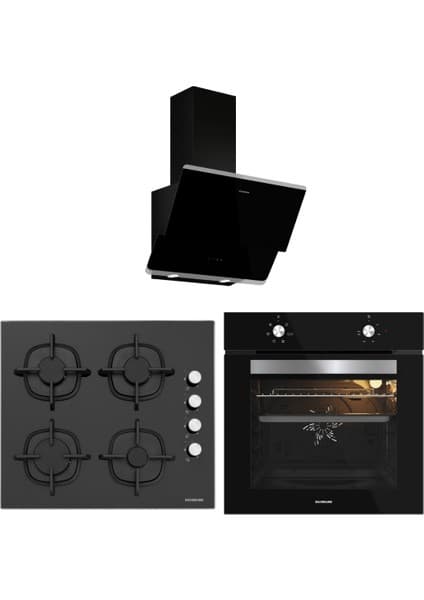 Silverline Siyah Cam Ankastre Set (3490 Oslo Davlumbaz - CS5343B01 Ocak - BO65E1B01 Fırın)
