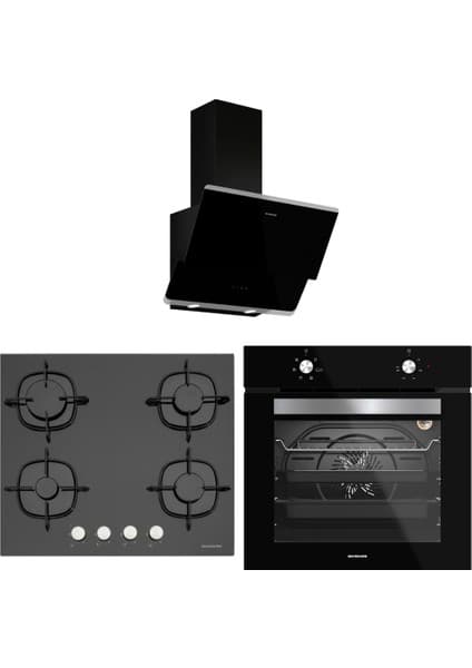 Silverline Siyah Cam Ankastre Set (3490 Oslo Davlumbaz - CS5436B01 Ocak - BO6501B01 Fırın)