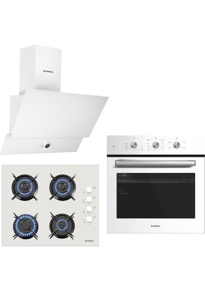 Kumtel Turbo Kristal Beyaz Cam Ankastre Set (DA6-830 Davlumbaz + Ko-40 Tahdf Ocak + B66-SF2 Fırın)