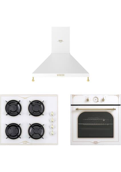 Vestel Rustik Beyaz Ankastre Set (AD-60041 RB Davlumbaz, AF-7688 RB Fırın, AO-6104 YRB Ocak)