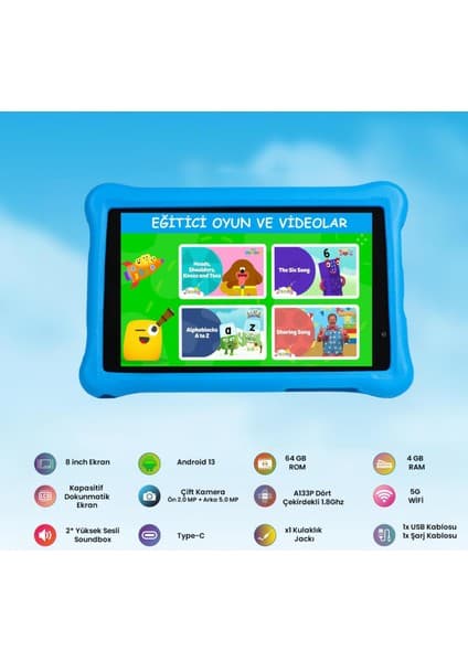 NPO 8" IPS Ekran 4gb 64GB Android 13.0 A133P 1.8ghz Antişok Çocuk Tableti, Kids Tablet Pembe RS407+ 7