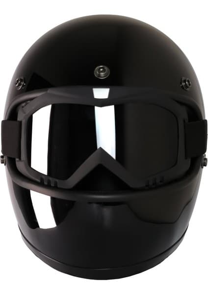 Motoanl Motosiklet Retro Kask Harley Cafe Racer Vespa Modüler ve Anti Uv Cross Gözlüklü Motor Kaskı Black 8