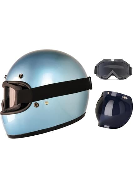 Motoanl Motosiklet Retro Kask Harley Cafe Racer Vespa Modüler ve Anti Uv Gözlüklü Motor Kaskı Blue