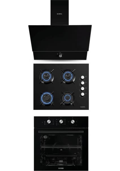 Kumtel Turbo Kristal Siyah Cam Ankastre Set (DA6-830 Davlumbaz + Ko-40 Tahdf Ocak + B66-SF2 Fırın)