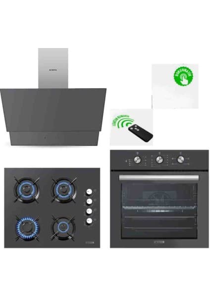 Kumtel 3'lü Ankastre Set Antrasit (Kumandalı 835 Davlumbaz + Ko-40 Ankastre Ocak + BS66 Ankastre Fırın)