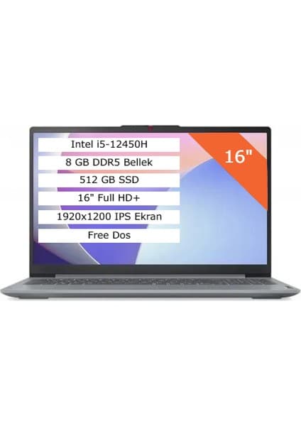 Lenovo Ideapad Slim 3 I5-12450H 8g 512G SSD 16 Fhd+ 1920X1200 IPS Panel Freedos Arctic Grey 83ES0033TR