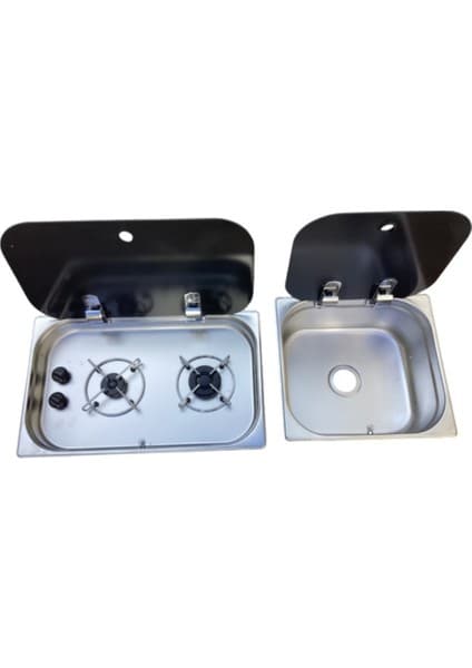 Universal Iki Gözlü Cam Kapaklı Ocak Cam Kapaklı Evye Seti Üniversal Yatek Karavan Tekne