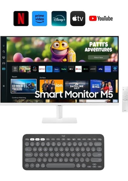 Samsung Izle, Oyna, Çalış -Wi-Fi Bağlantı Apple-Android Kablosuz Görüntü Aktarım 32''inç 80 Ekran Akıllı Tv-Monitör M5 + Logitech Kablosuz Klavye