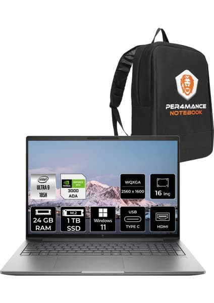 Hp Zbook Power G11 Intel Core Ultra 9 185H 24GB 1tb SSD RTX3000ADA/8GB 16'' Qhd+Windows 11 Pro Mobil Iş Istasyonu & Per4 Çanta 8T0V4EAPN353