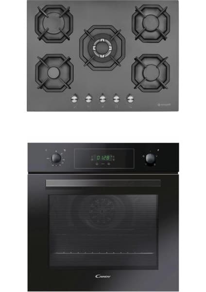 Eminçelik 2250 5 Gözlü /1 Gözü Wok Ankastre Ocak + Candy FCP405 Turbolu Siyah Ankastre Fırn