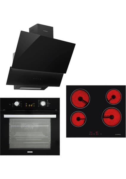 Luxell Opall 15 Program Ankastre Vitroseramik Siyah Set (B66-SGF3 Opall Fırın + V6-04T Vitroseramik Ocak + 835 Opall Davlumbaz )