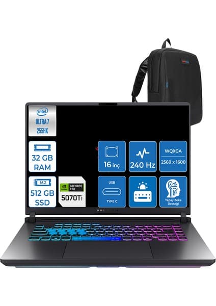 Asus Rog Strix G16 Intel Core Ultra 7 255HX 32GB Ddr5 512GB SSD 12GB/RTX5070TI/140W Freedos 16\