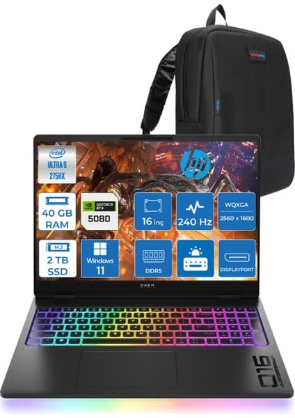 Hp Omen Max 16-WAH0022NT Intel Core Ultra 9 275HX 40GB Ddr5 2tb SSD 16GB Nvıdıa RTX5080 16 Inç 3ms 500NIT Wqxga 240Hz Windows 11 Pro Siyah OB88F2EAP02 + Zetta Çanta