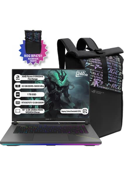 Asus Rog Strix G16 G614FR-S5111 Amd Ryzen 9 9955HX 32GB 1tb SSD RTX5070TI-12GB Freedos 16\